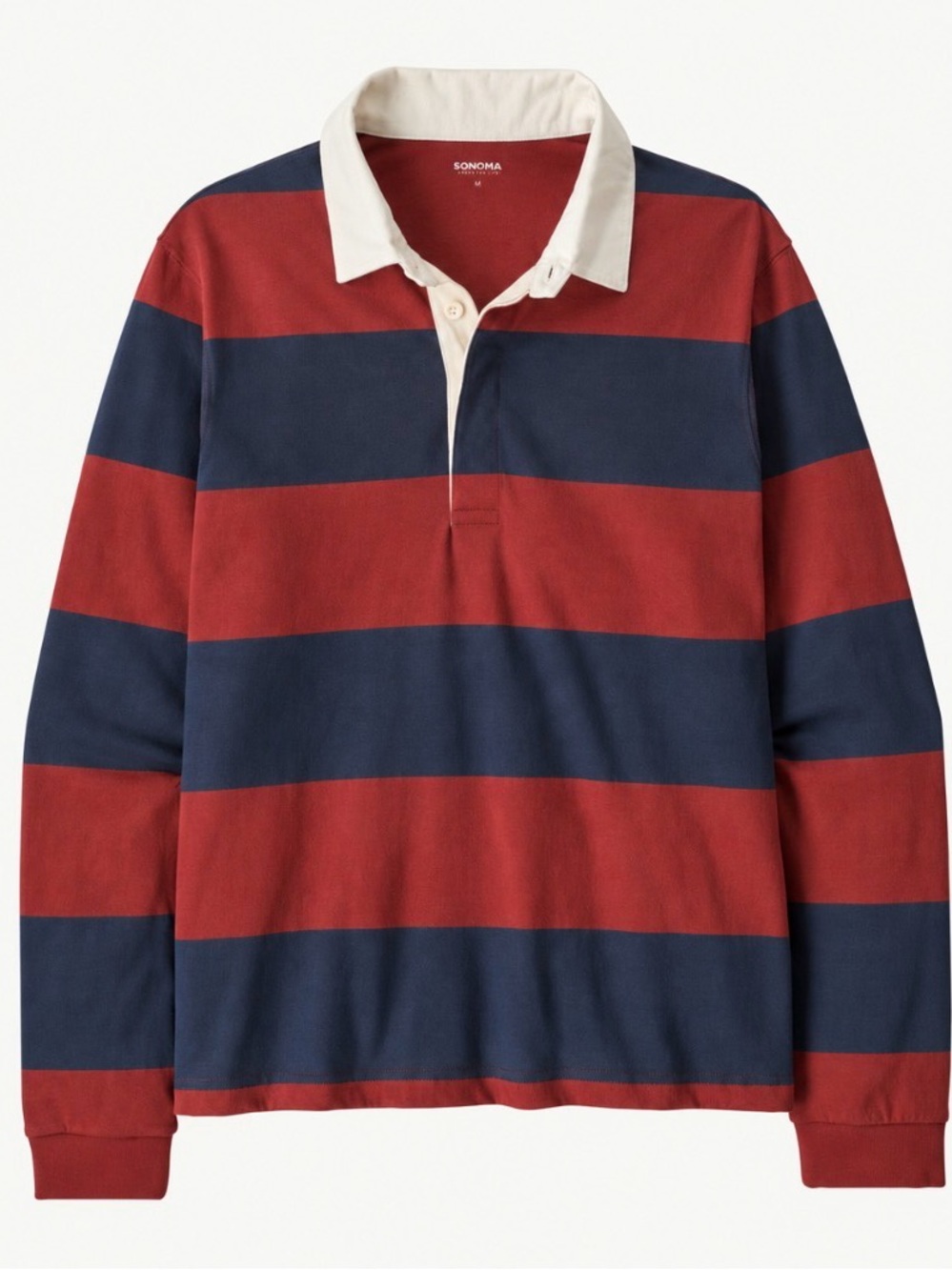 Unisex Striped Long-Sleeve Rugby Polo in Maroon / Rust, Navy & White Collar